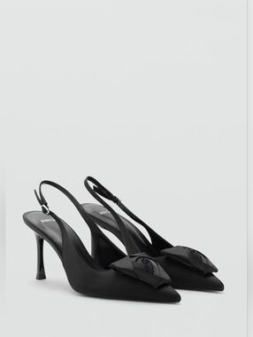 Mango Black Pointed Slingback Heels with Front Bow Accent Satin floral shoes